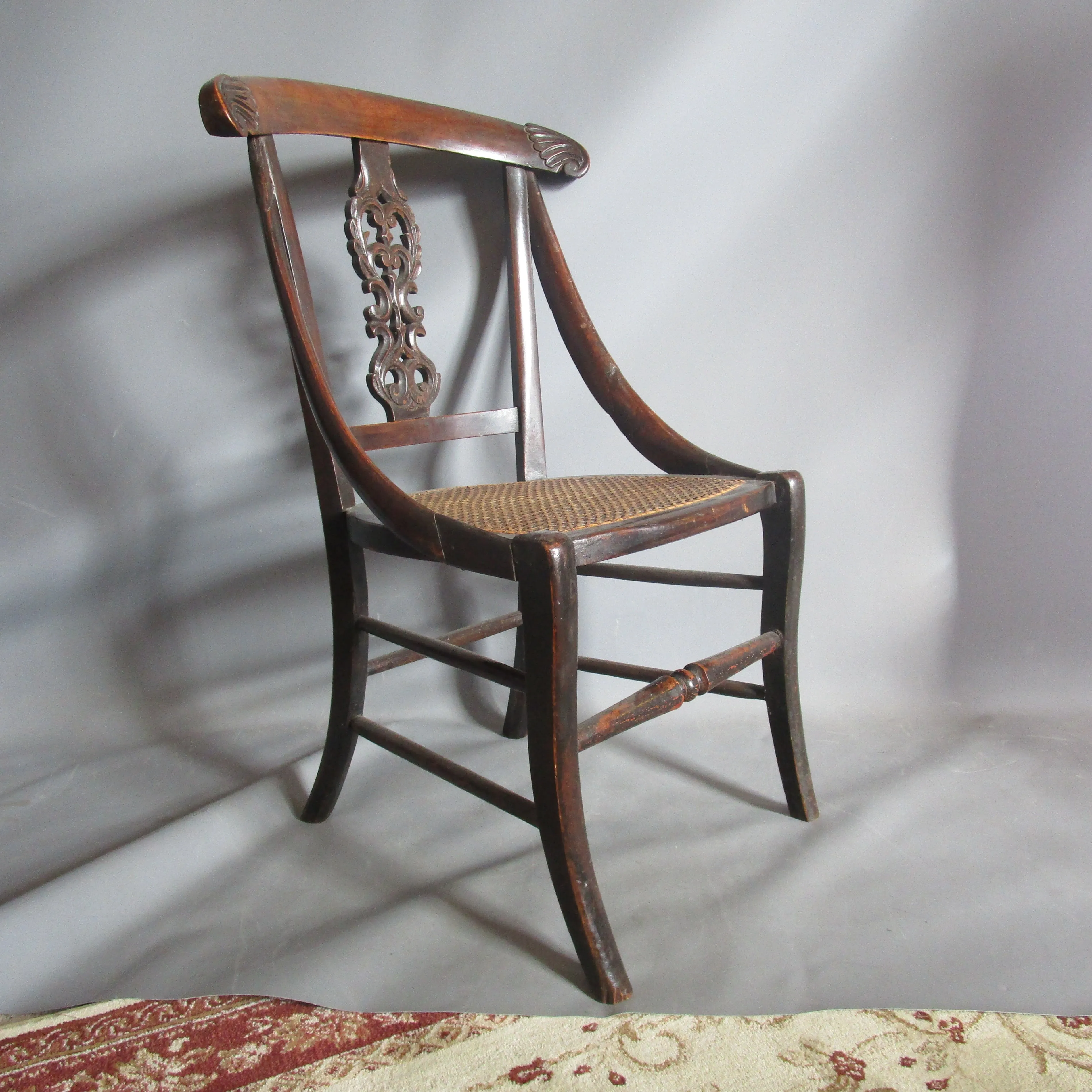 Caned Carved  bow back Childs Chair Antique Victorian c1840