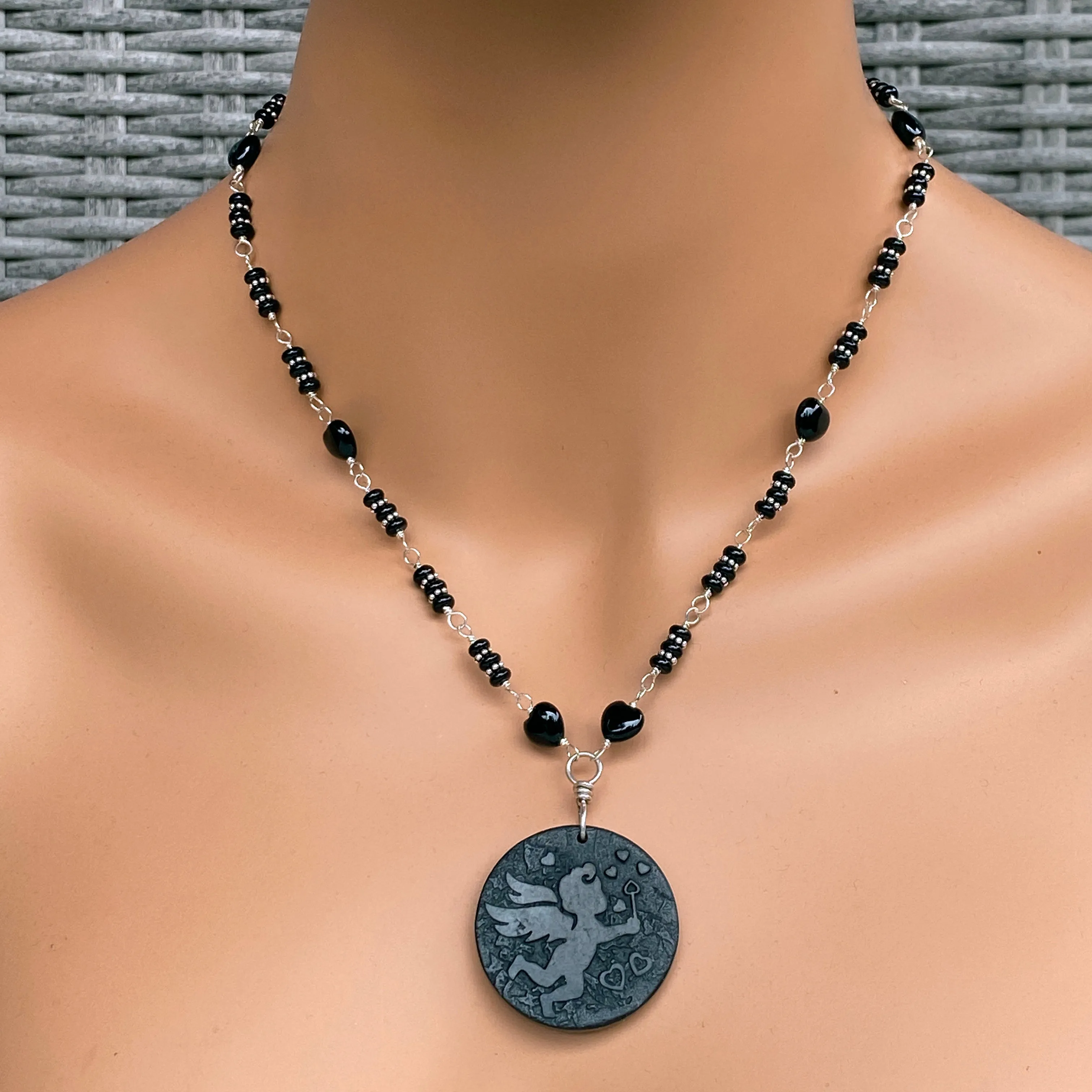 Carved Shungite Cupid Angel on Sterling Silver Chain with Onyx Gemstones