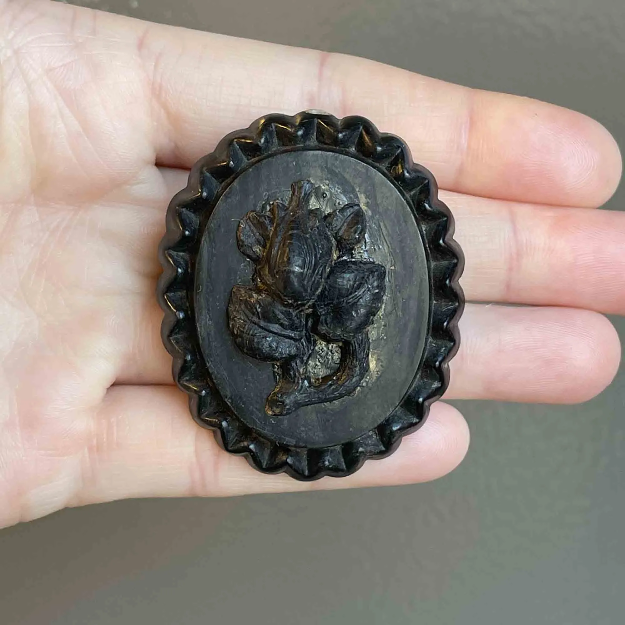 Carved Whitby Jet Victorian Mourning Brooch