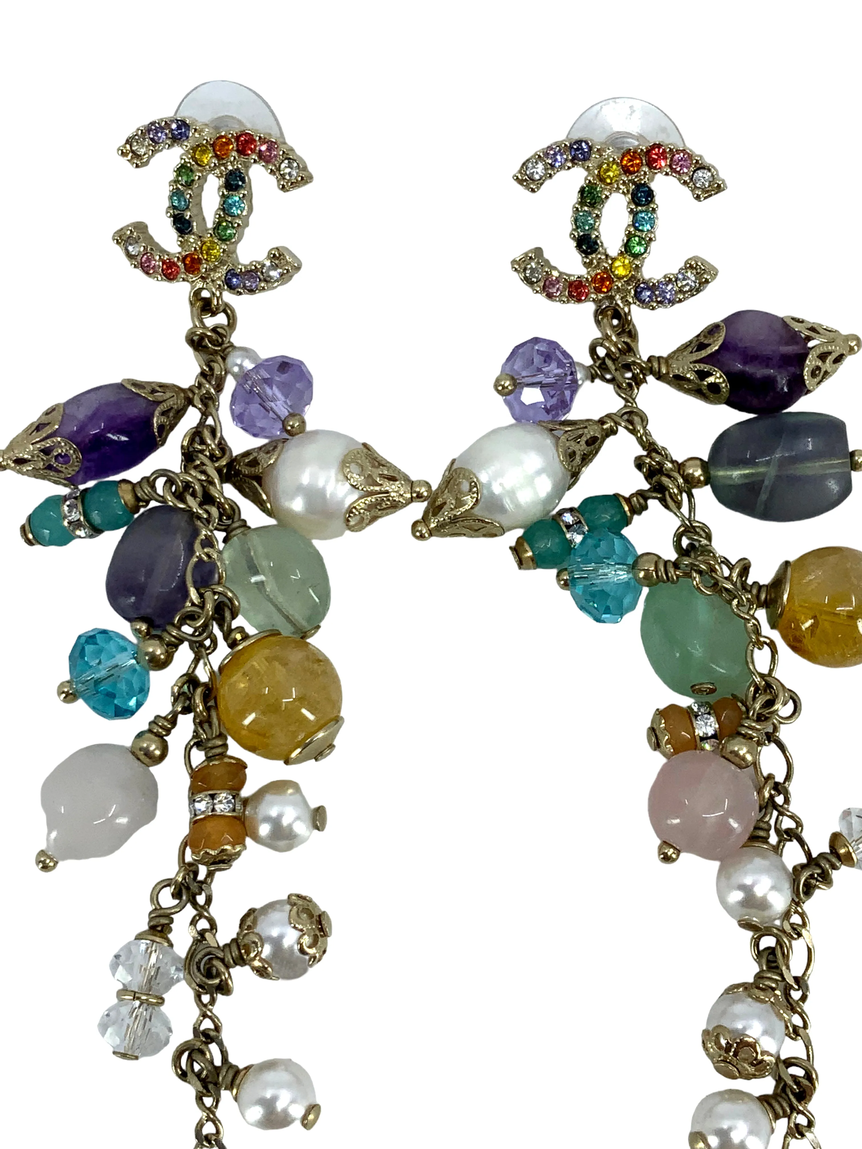 CHANEL Rainbow Crystal CC Logo Dangle Earrings