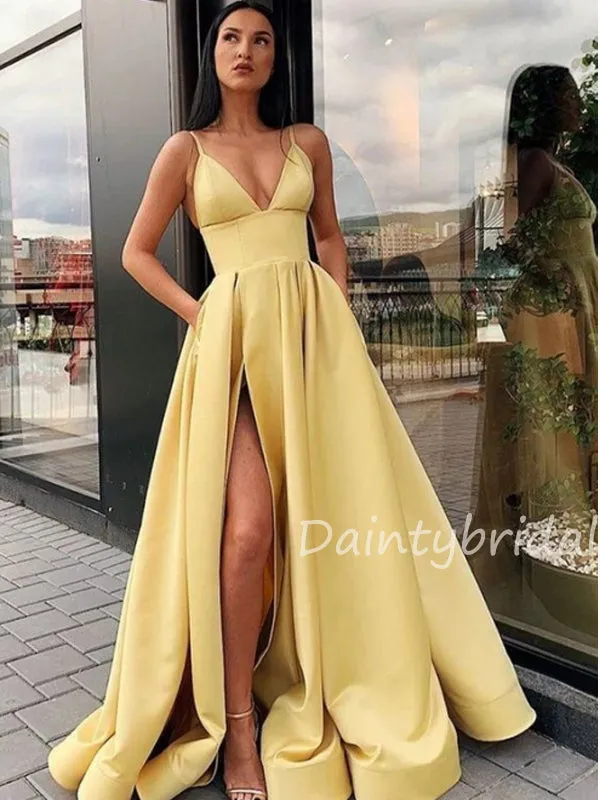 Charming V-neck A-line Satin Side Slit Long Prom Dresses Evening Dresses.DB10414