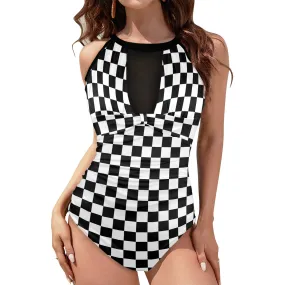 check front Women's High Neck Plunge Mesh Ruched Swimsuit (S43)