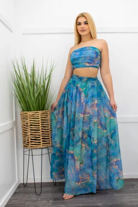 Chiffon Crop Top Slit Maxi Skirt Set