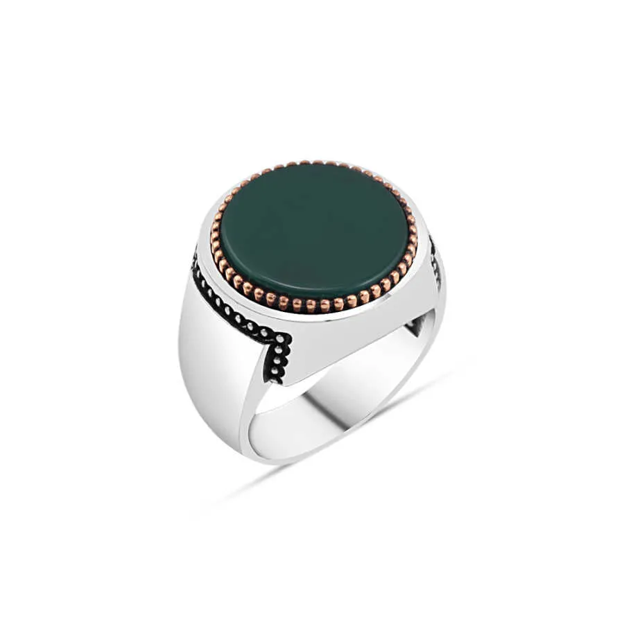 Circle Green Agate Stone Silver Men's Ring Siding Points in Brick Form