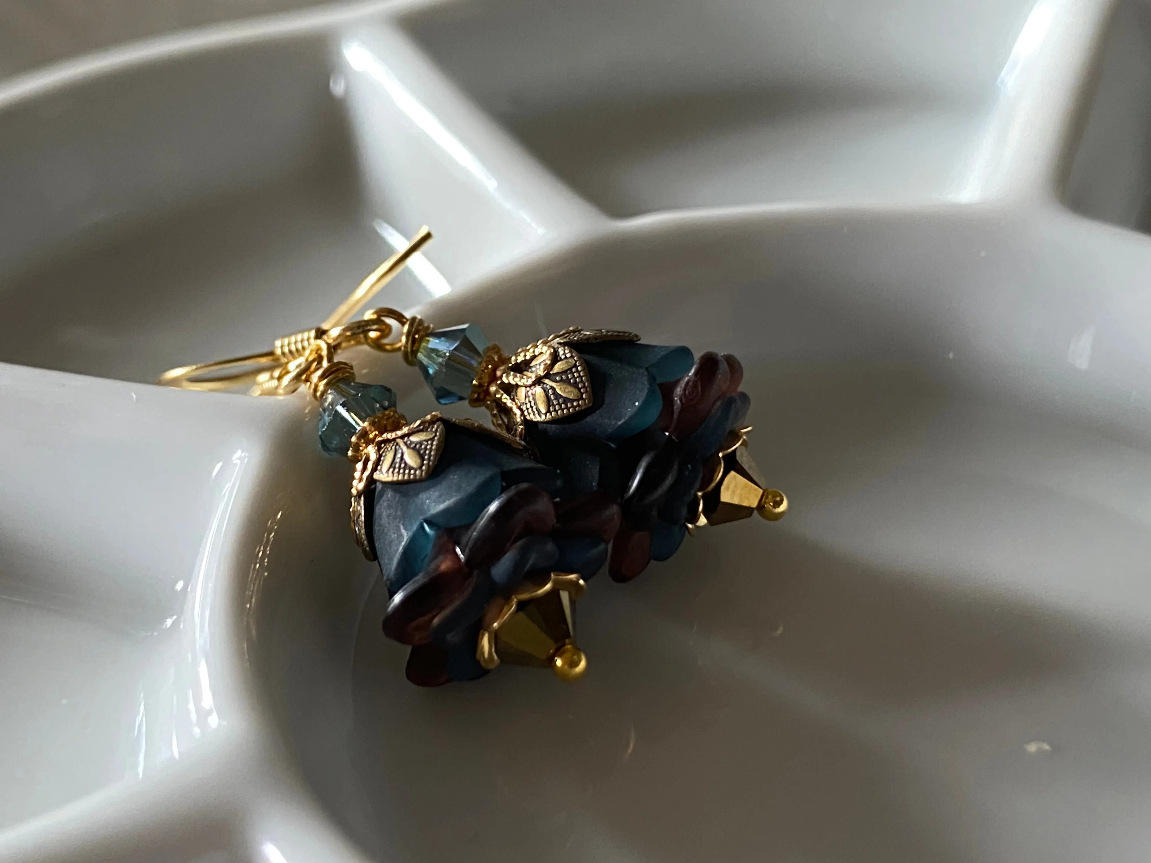 Clearance Flower earrings in teal and deep brown, gold plated finishings