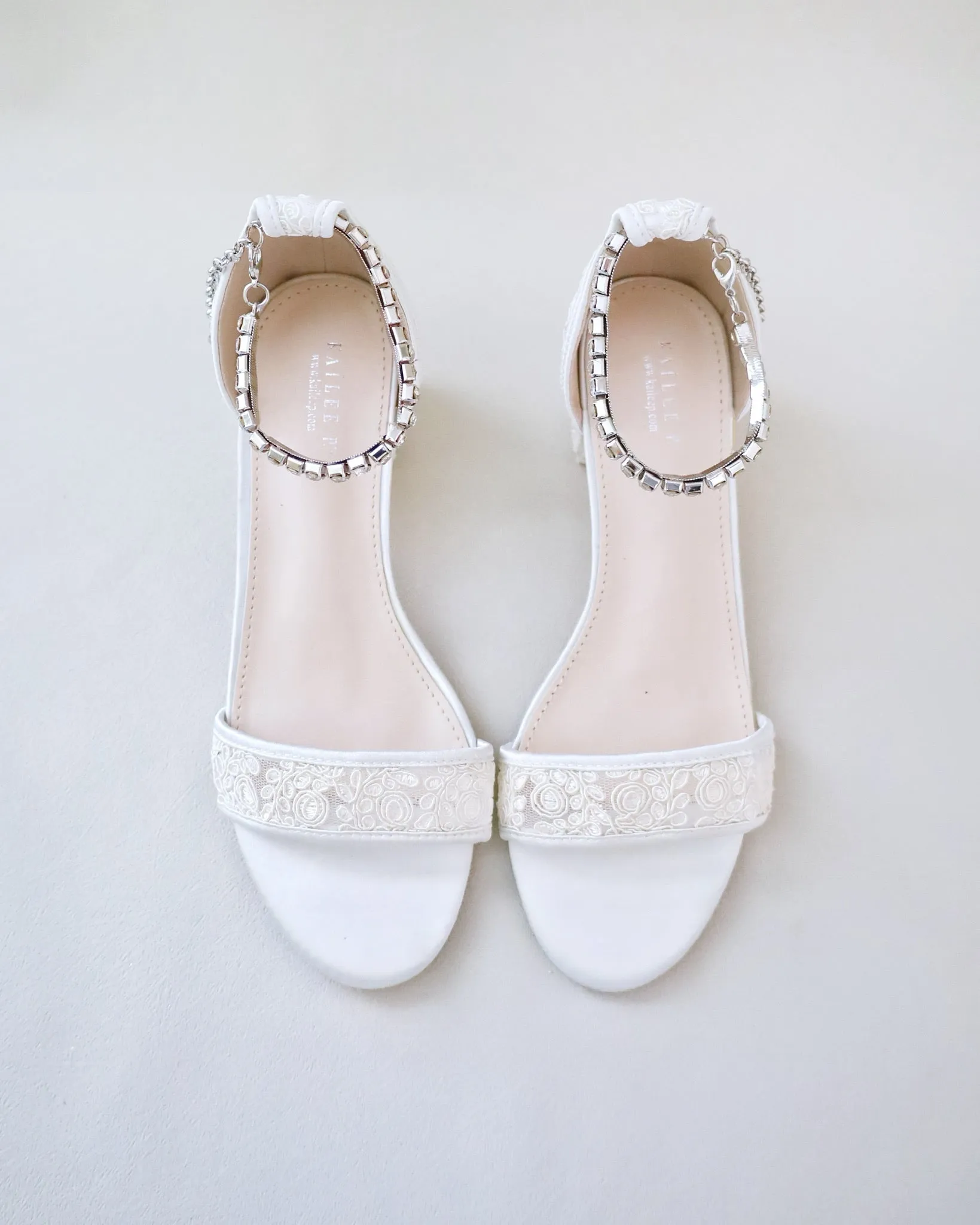 Crochet Lace Block Heel Wedding Sandals with Eternity Rhinestones Strap