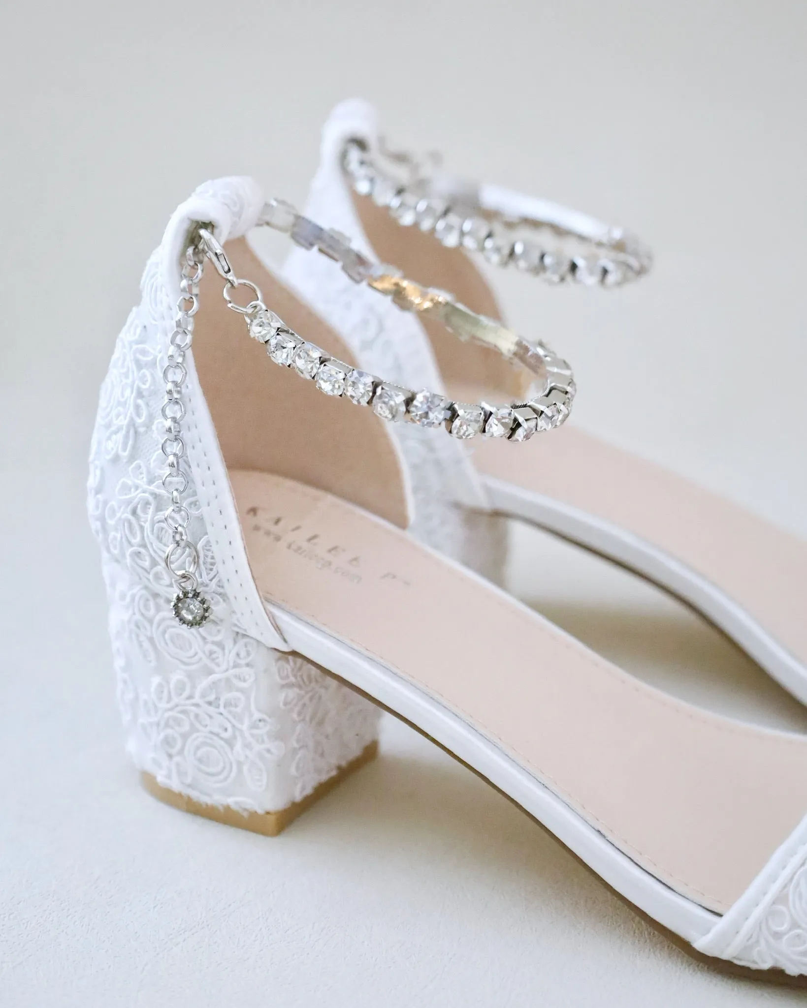 Crochet Lace Block Heel Wedding Sandals with Eternity Rhinestones Strap