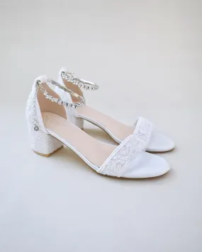 Crochet Lace Block Heel Wedding Sandals with Eternity Rhinestones Strap