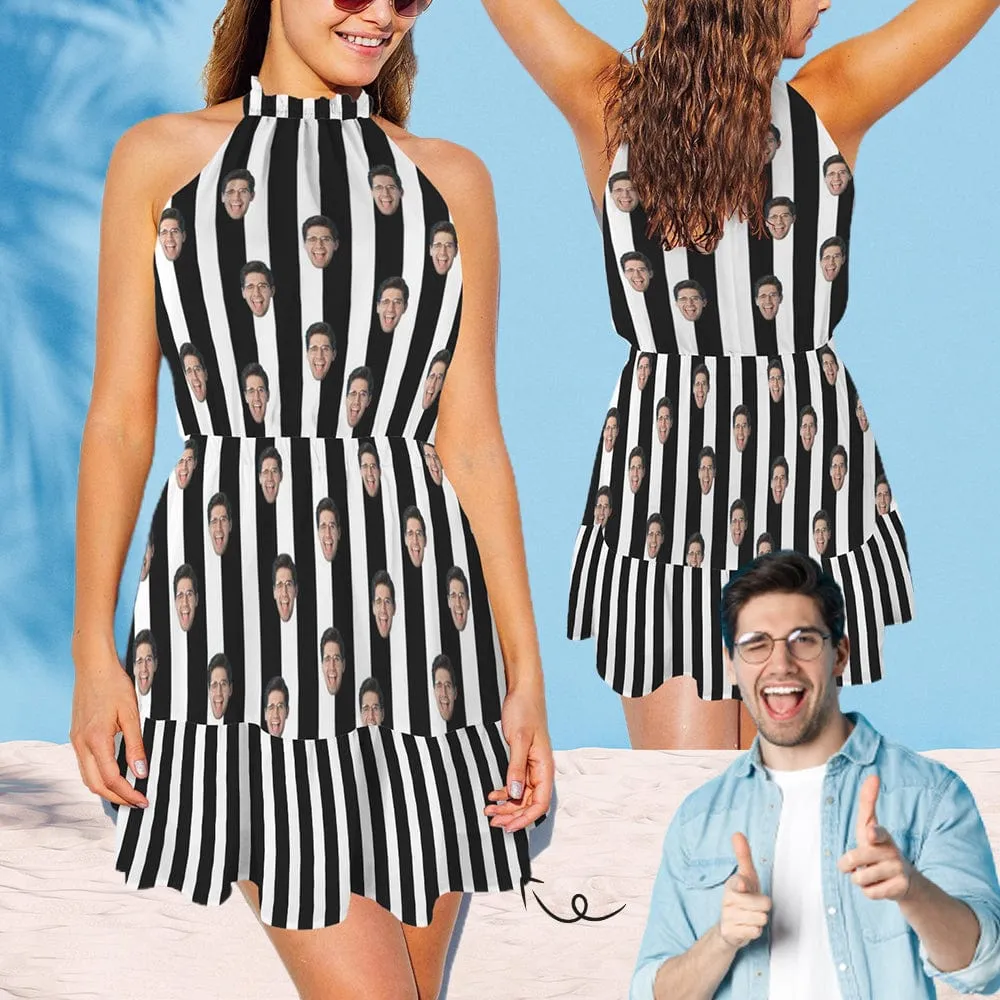 Custom Face Zebra Stripes Women's High Neck Sleeveless Off-shoulder Casual Dress