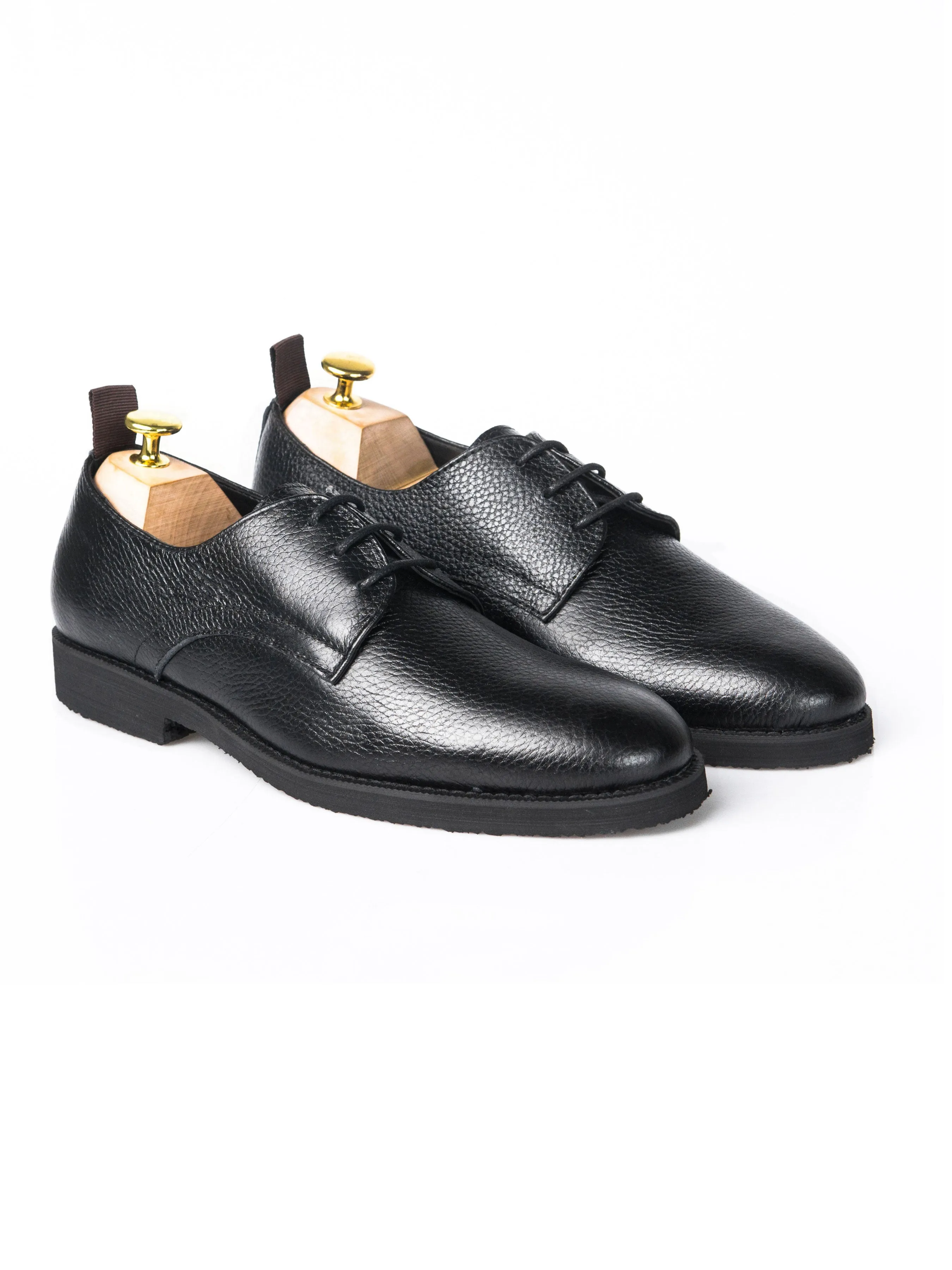 Derby Lace Up - Black Pebble Grain Leather (Crepe Sole)