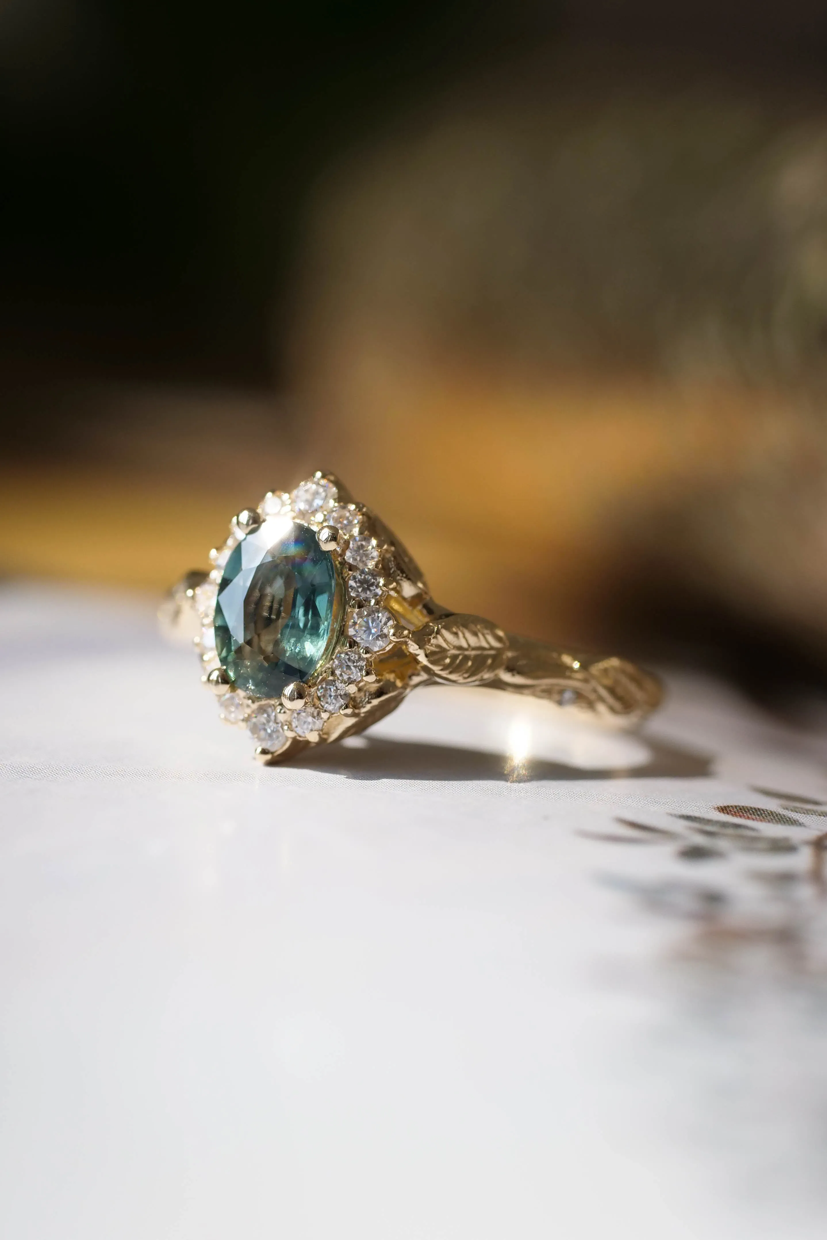 Diamond halo and sapphire engagement ring, gold leaf engagement ring  / Florentina