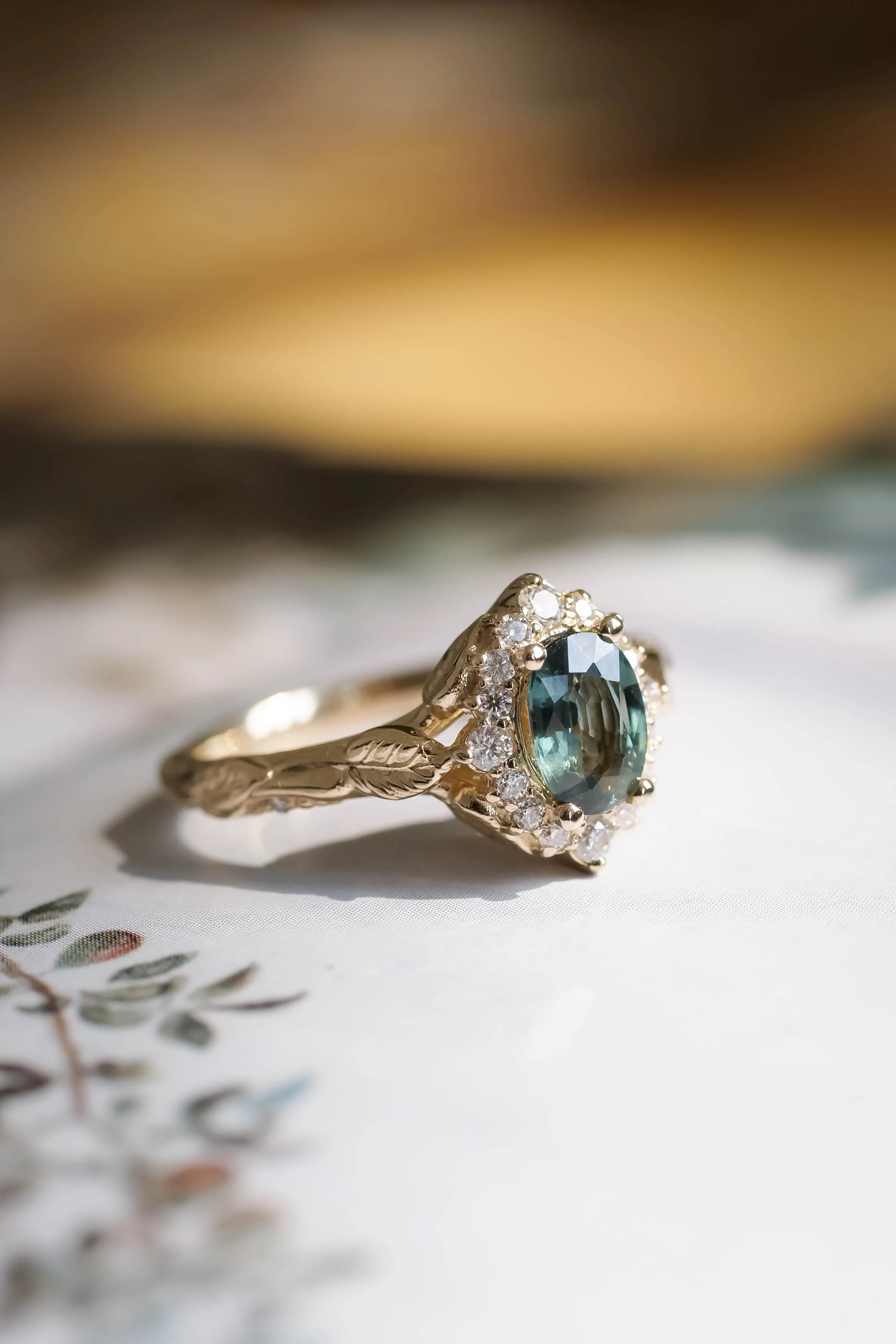 Diamond halo and sapphire engagement ring, gold leaf engagement ring  / Florentina