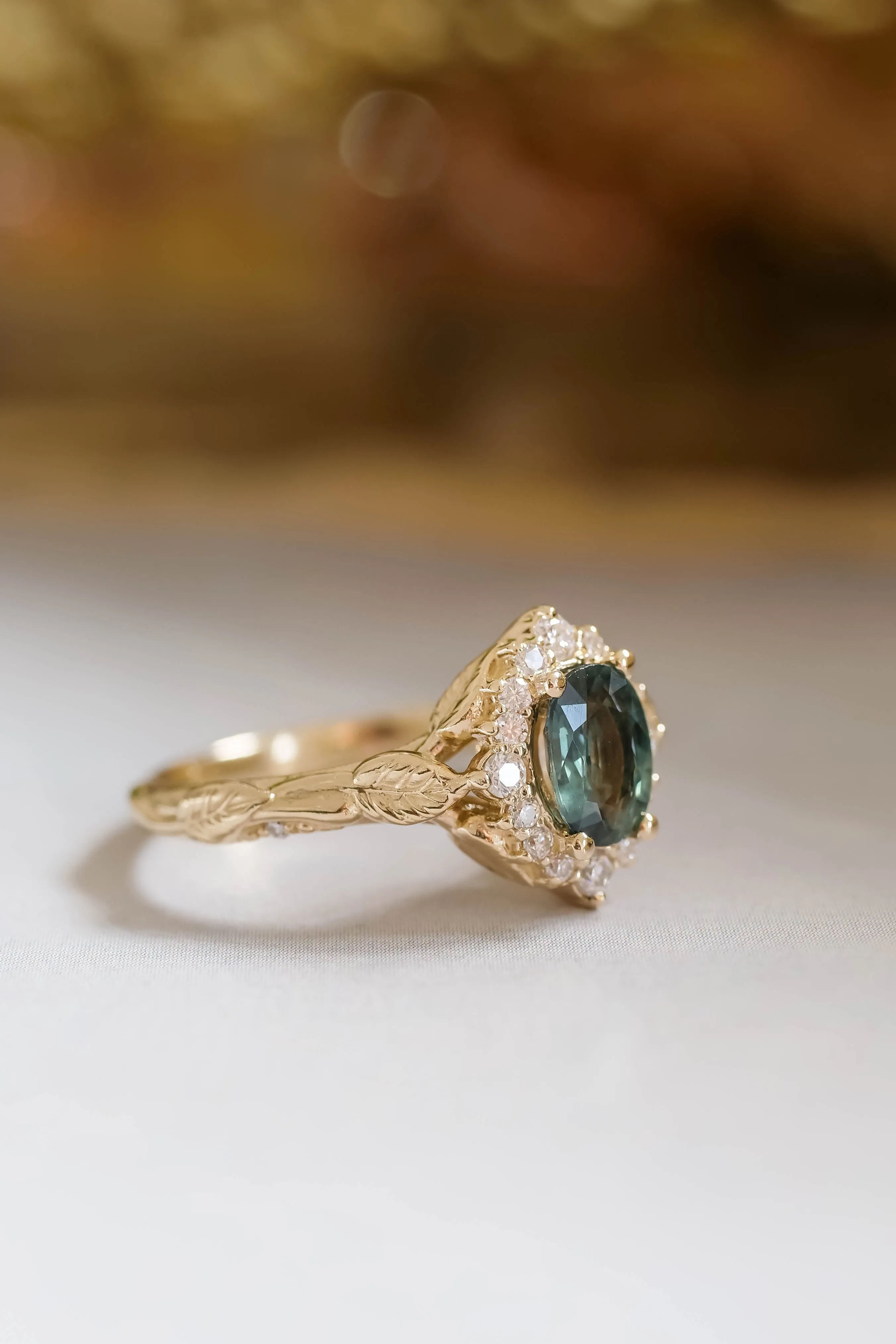 Diamond halo and sapphire engagement ring, gold leaf engagement ring  / Florentina