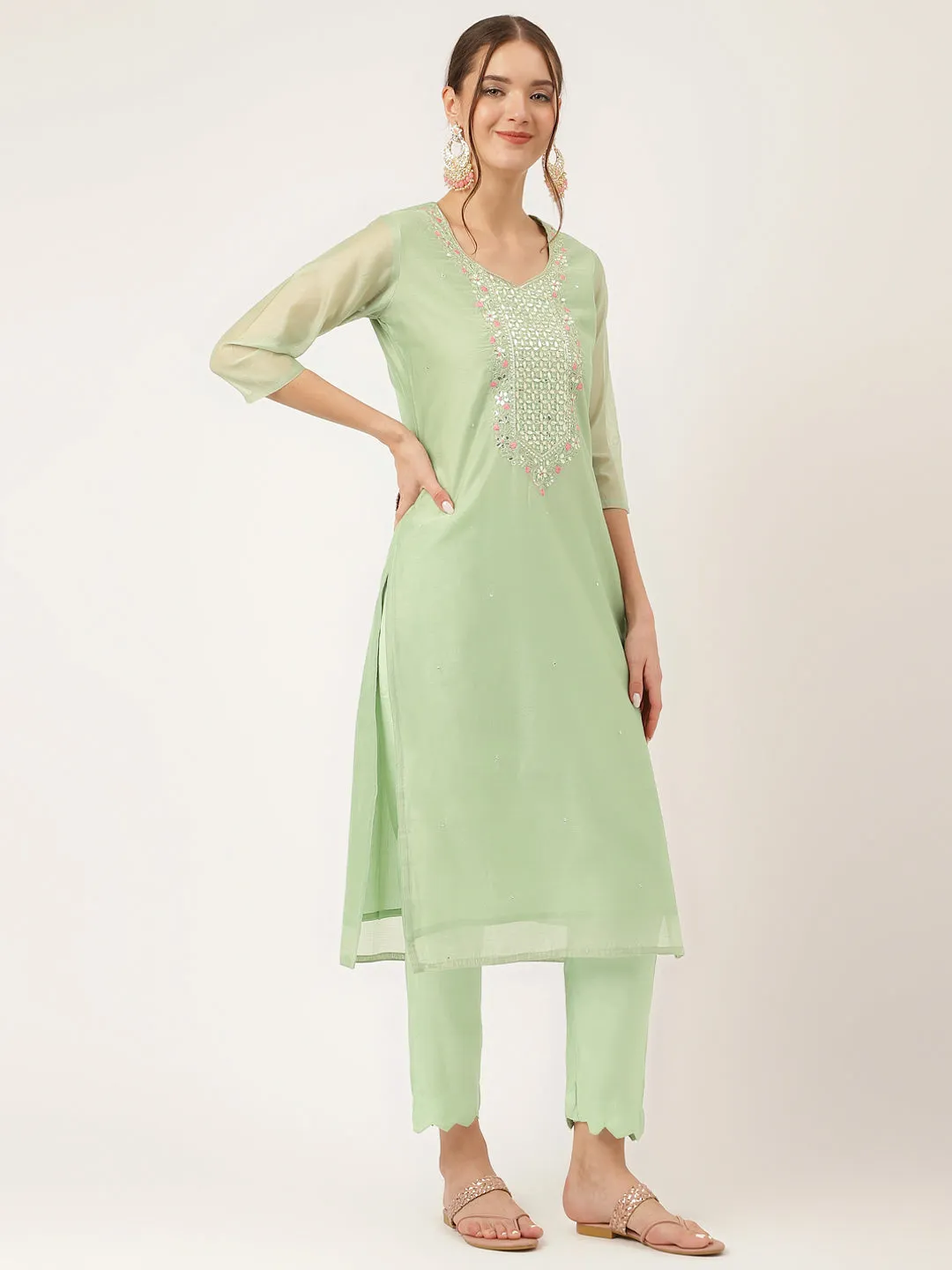 Divena Green Pink Embroidered  Chanderi  Kurta, Trouser With Dupatta