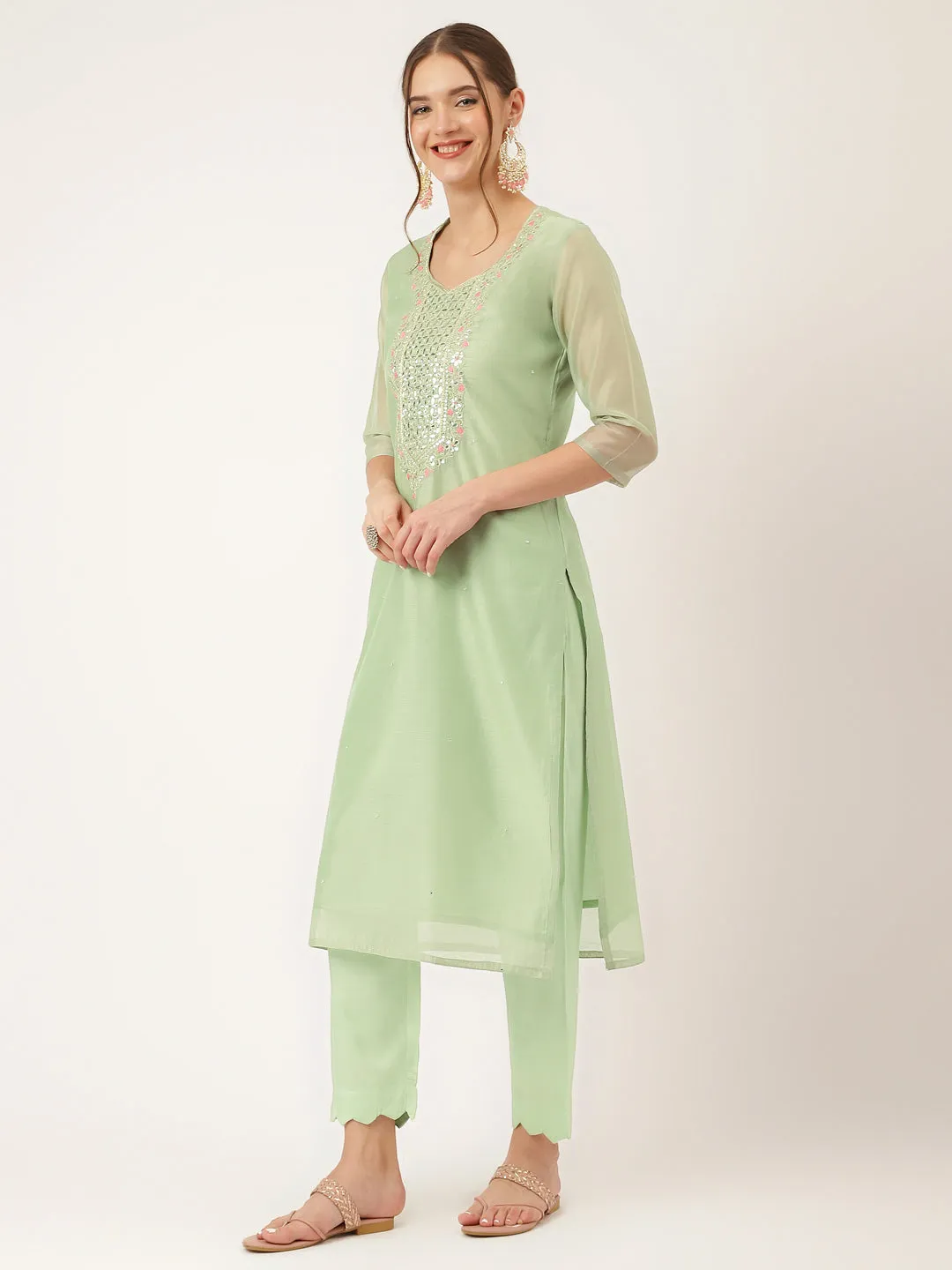 Divena Green Pink Embroidered  Chanderi  Kurta, Trouser With Dupatta