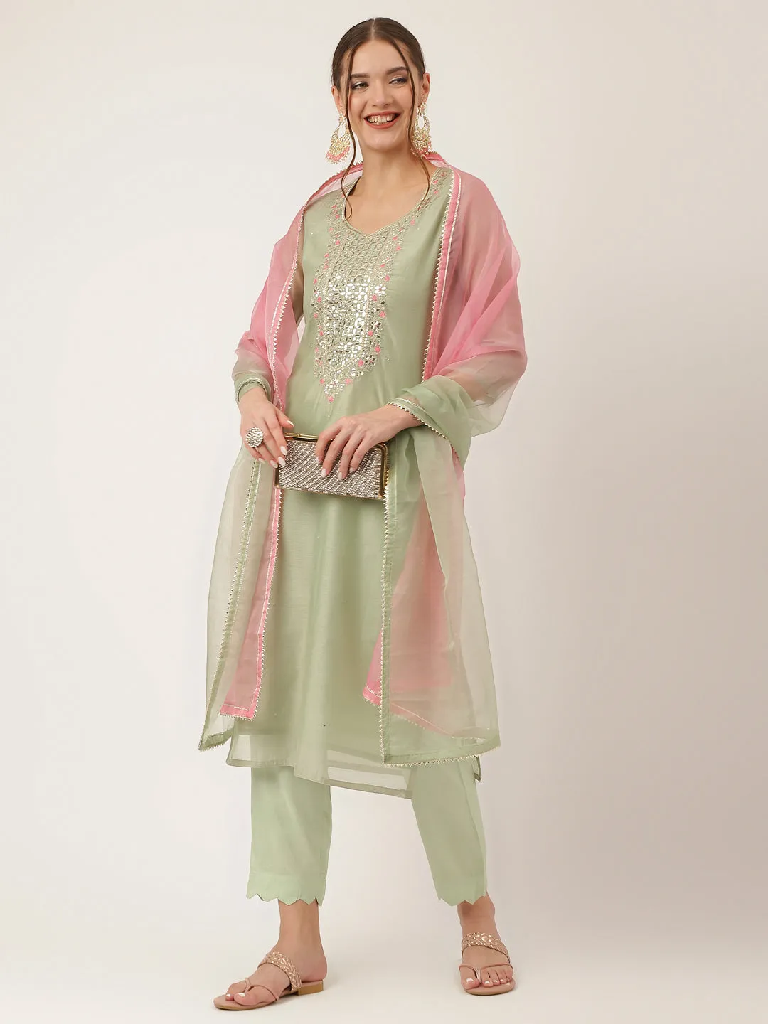 Divena Green Pink Embroidered  Chanderi  Kurta, Trouser With Dupatta