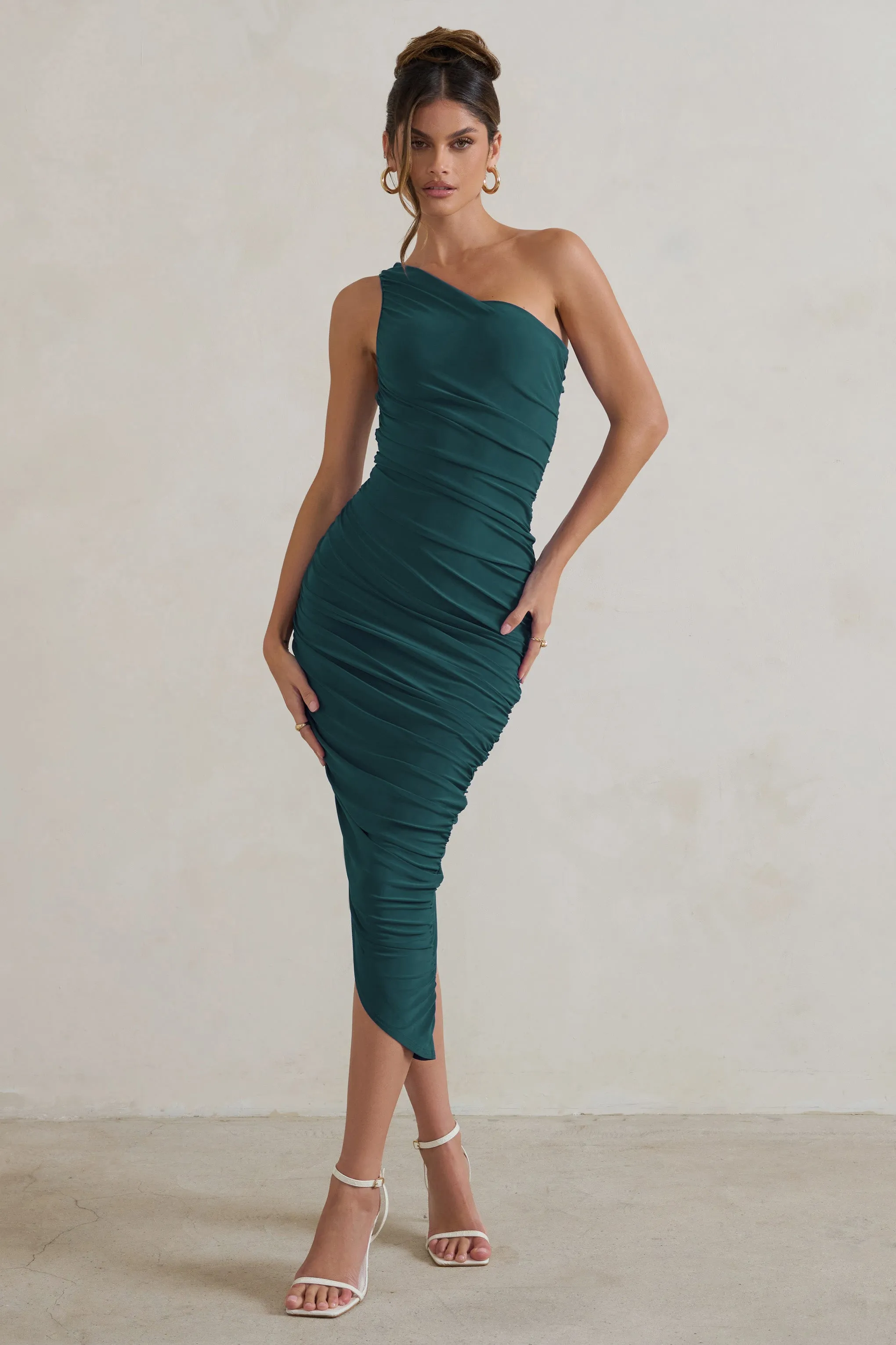 Dorit | Bottle Green One Shoulder Asymmetric Ruched Midi Dress