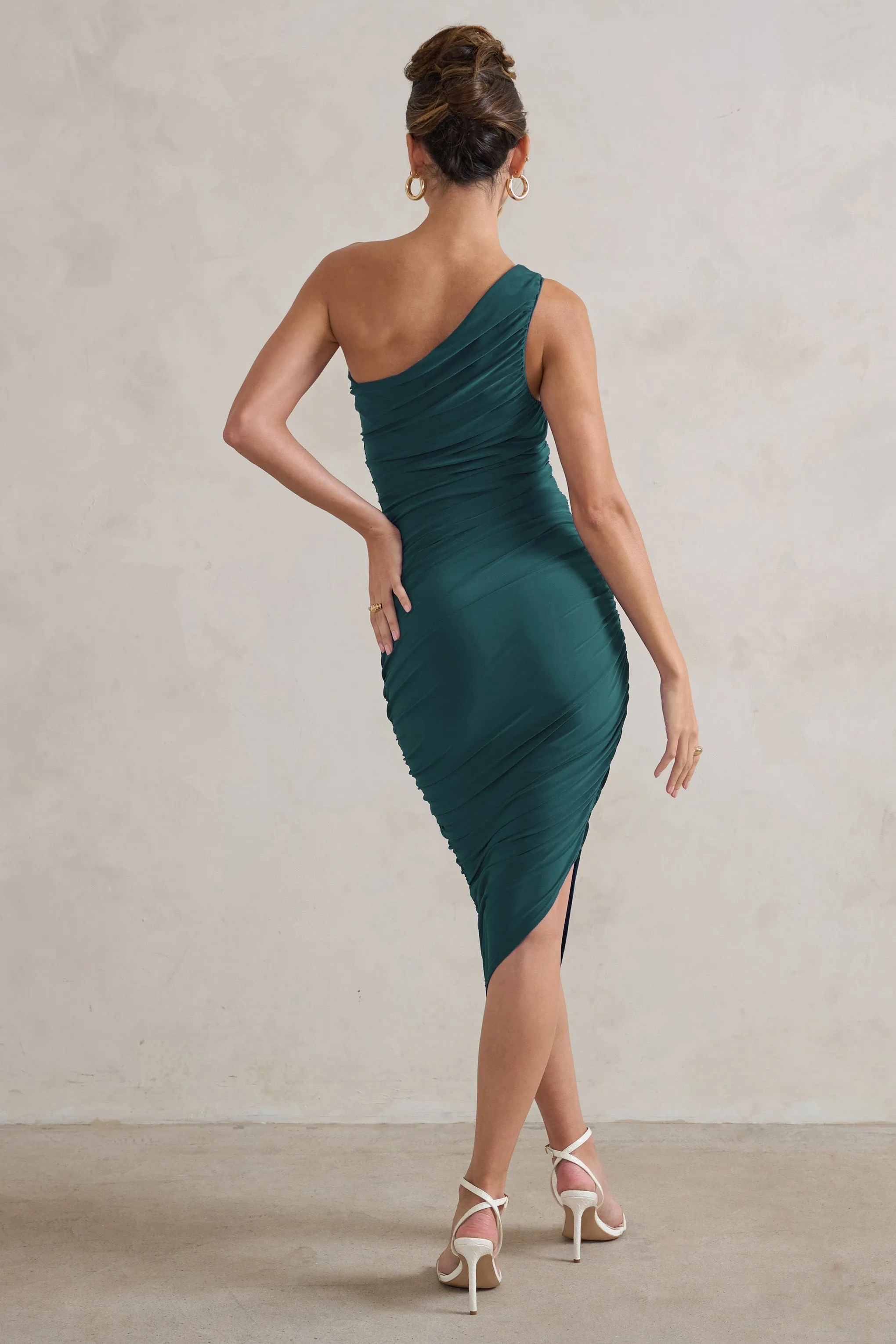 Dorit | Bottle Green One Shoulder Asymmetric Ruched Midi Dress