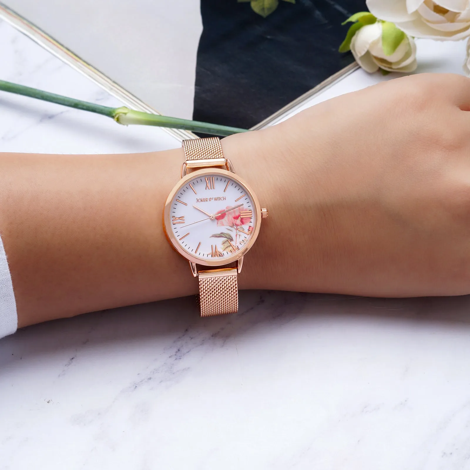 Edna Rosegold Printed Dial Mesh Strap Watch