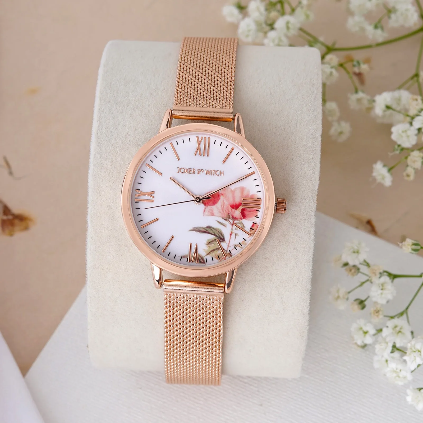 Edna Rosegold Printed Dial Mesh Strap Watch