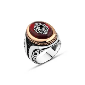 Eye Figure on Synthetic Red Ellipse Amber Stone Silver Men's Ring