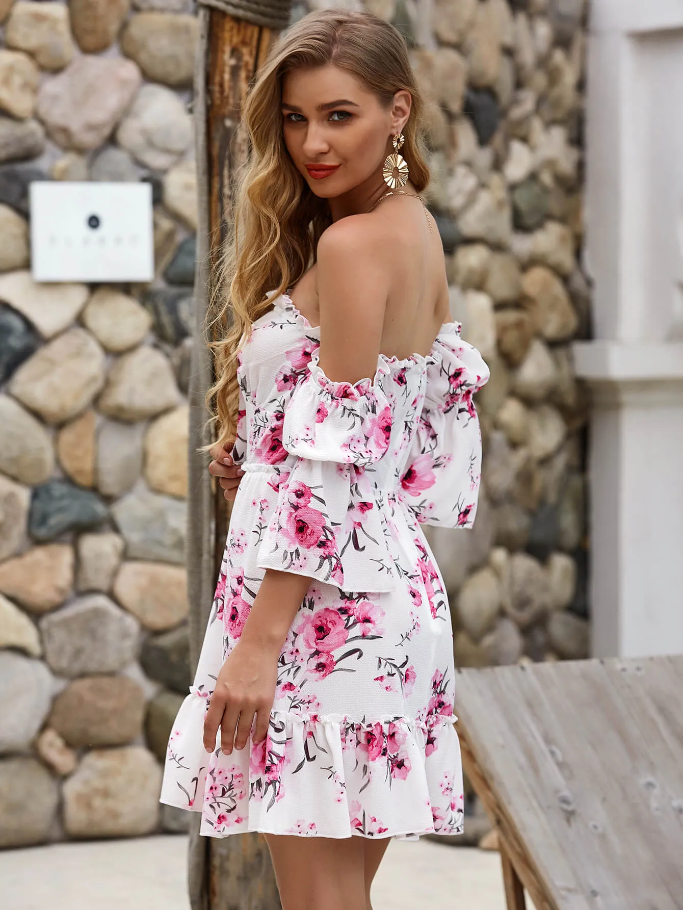 Floral Frill Trim Off-Shoulder Mini Dress