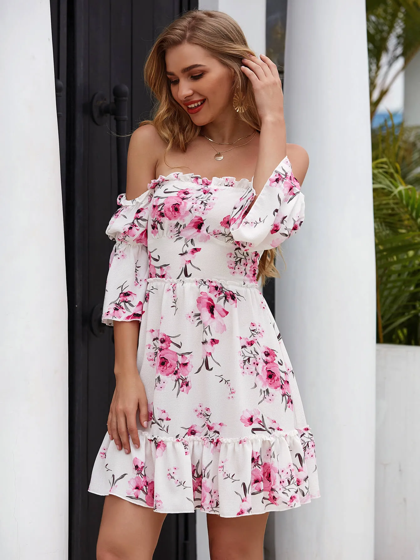 Floral Frill Trim Off-Shoulder Mini Dress