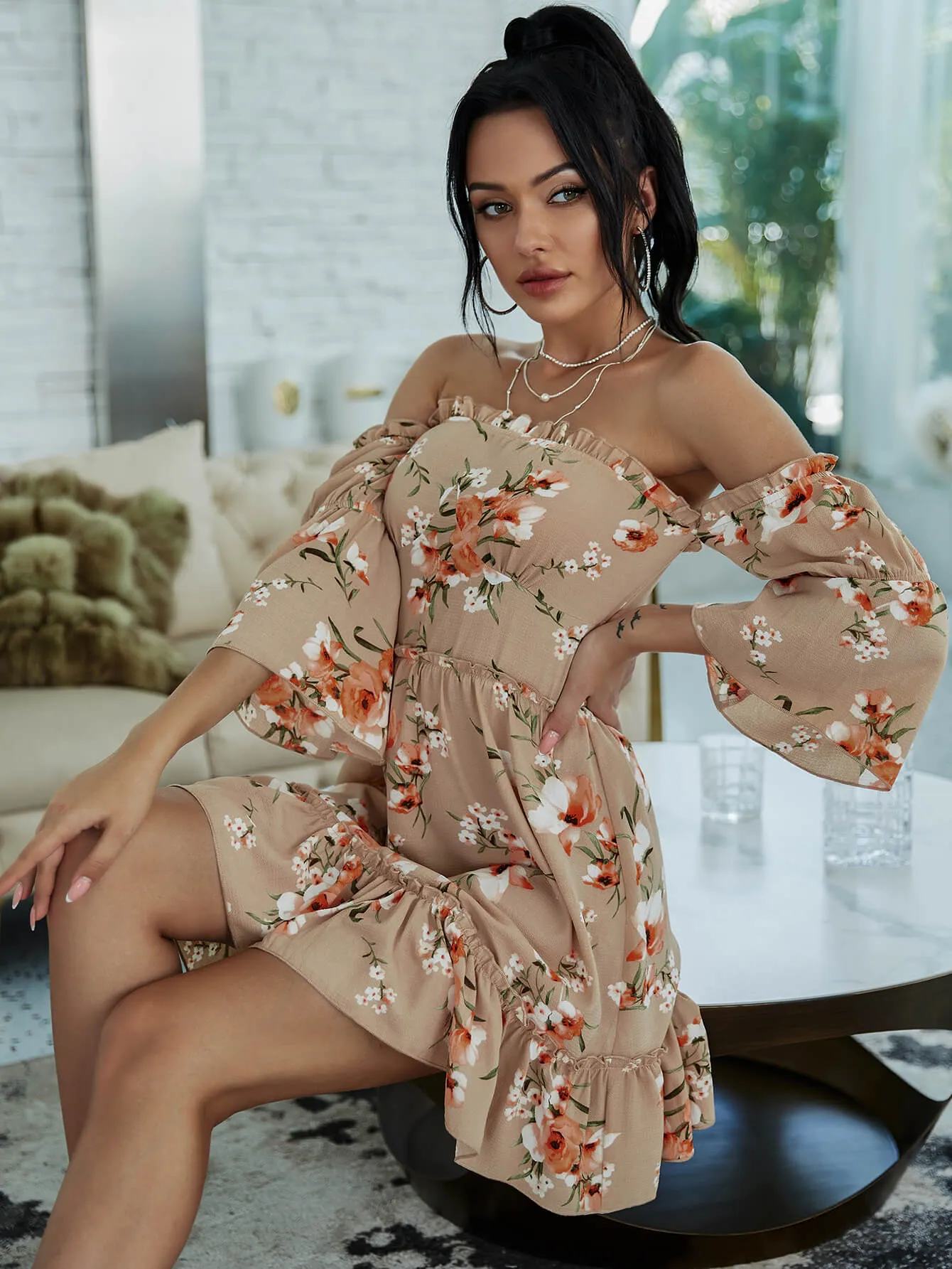 Floral Frill Trim Off-Shoulder Mini Dress