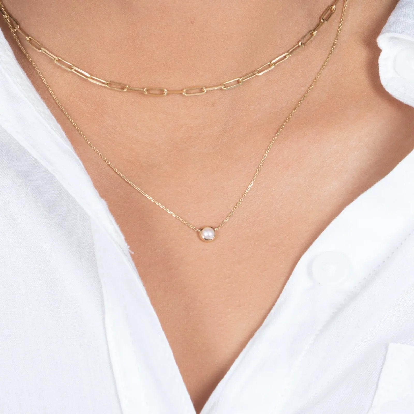 Freshwater Pearl Station Necklace Bezel Set in 14k Gold