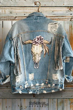 Fringed, Distressed & Shredded Bull Head Skull & Roses Denim Jacket