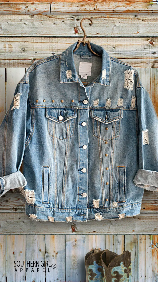 Fringed, Distressed & Shredded Bull Head Skull & Roses Denim Jacket