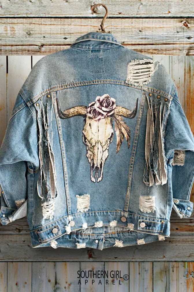 Fringed, Distressed & Shredded Bull Head Skull & Roses Denim Jacket