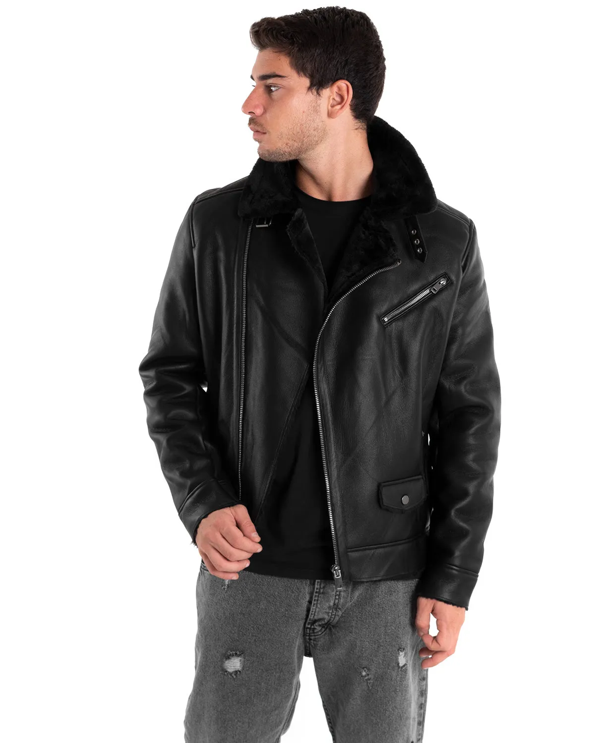 Giubbotto Uomo Biker Pelliccia Chiodo Ecopelle Nero GIOSAL-G2900A