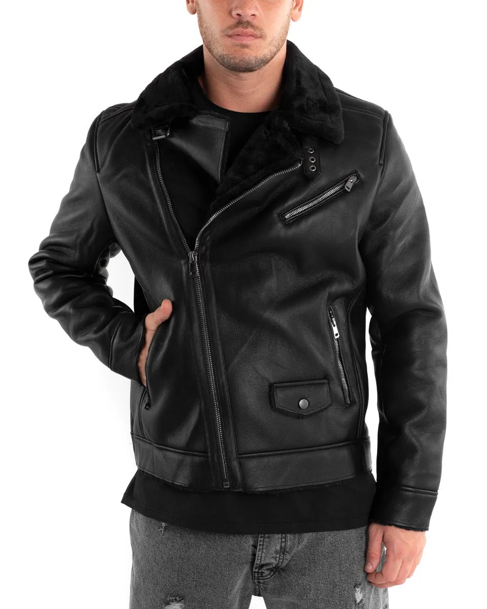 Giubbotto Uomo Biker Pelliccia Chiodo Ecopelle Nero GIOSAL-G2900A