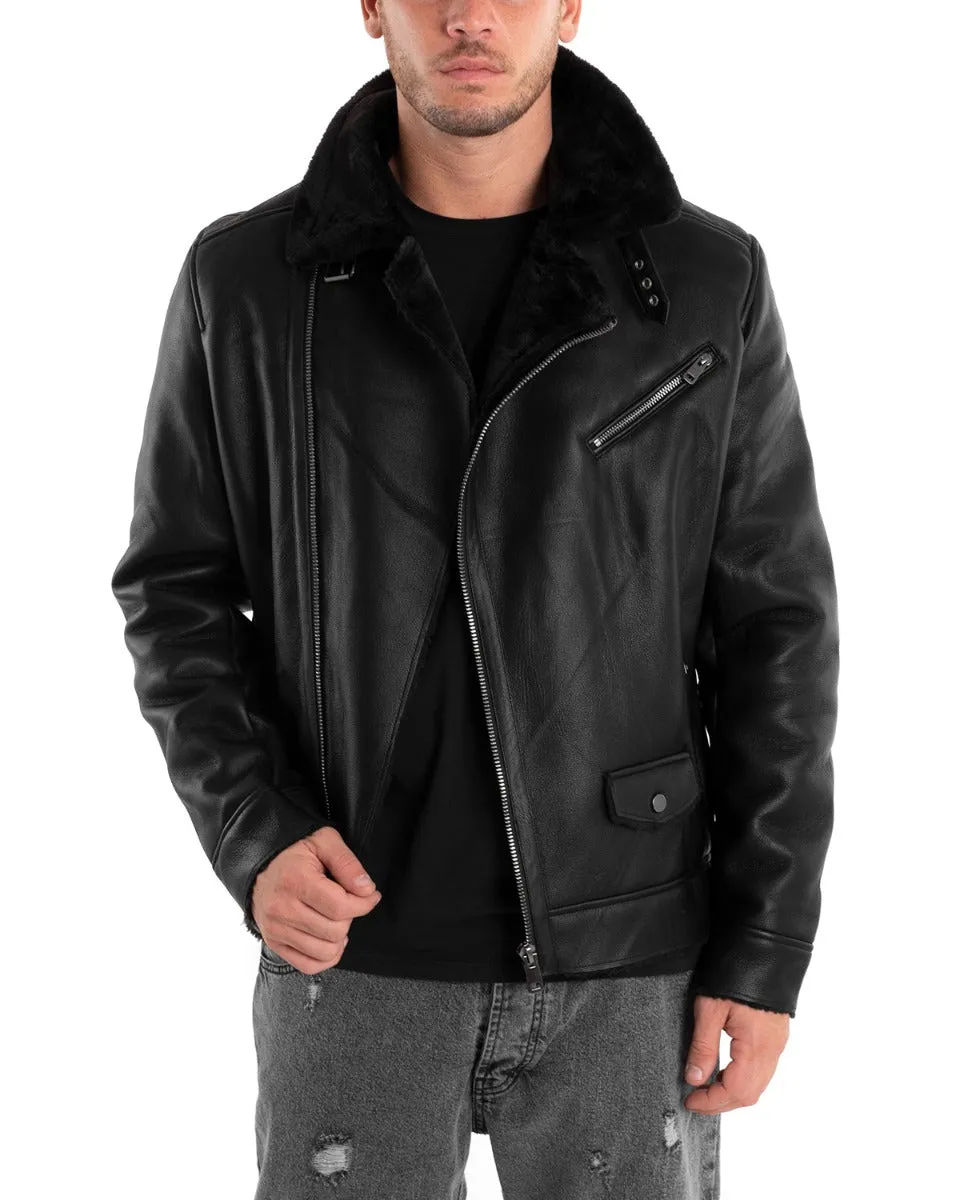 Giubbotto Uomo Biker Pelliccia Chiodo Ecopelle Nero GIOSAL-G2900A