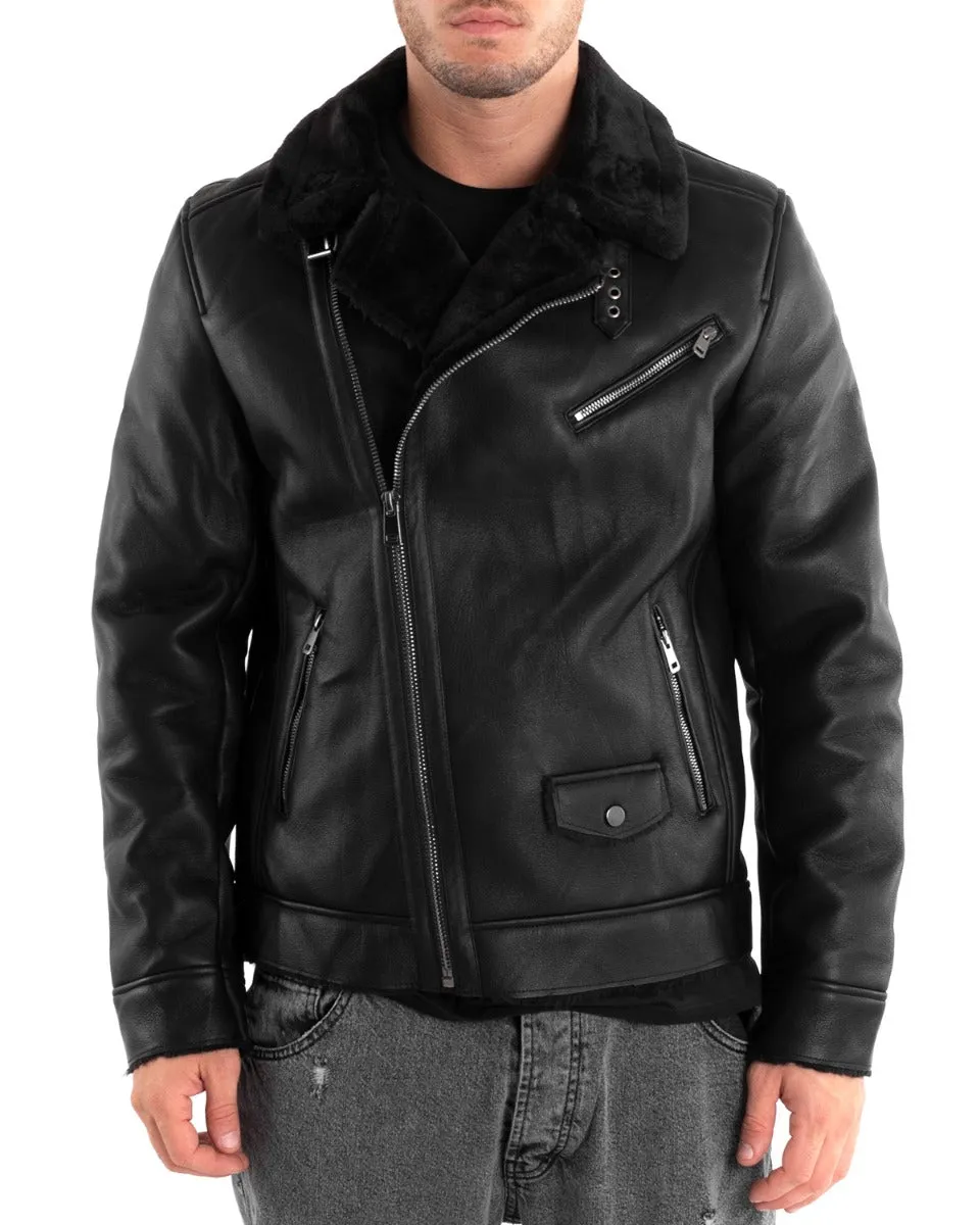 Giubbotto Uomo Biker Pelliccia Chiodo Ecopelle Nero GIOSAL-G2900A