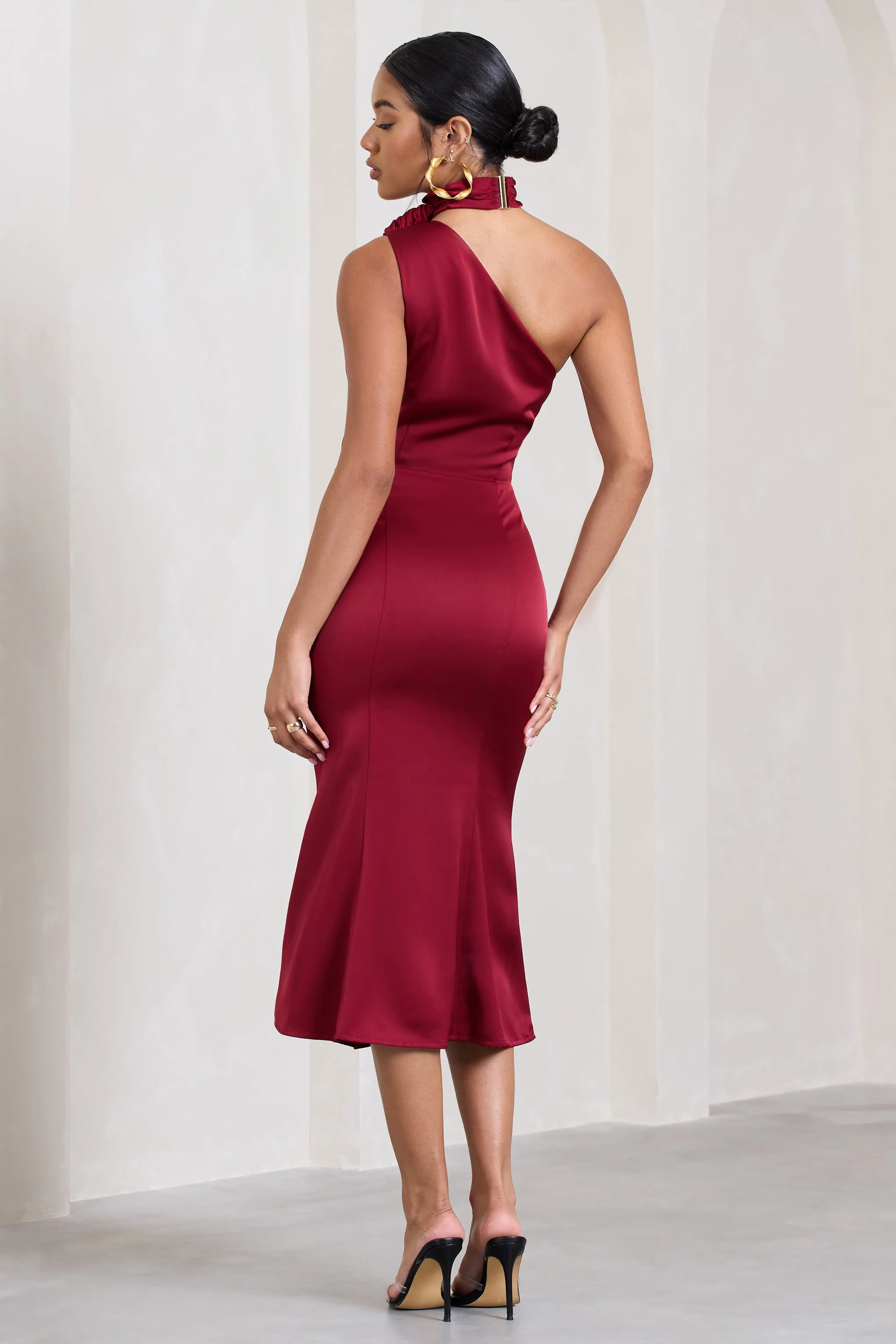 Golden Girl | Burgundy Satin One Shoulder High-Neck Flared Midi Dress