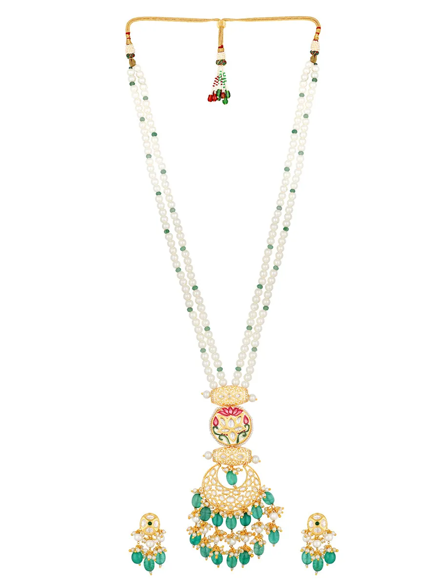 Golden, Mint Green Agates, Kundan Polki Necklace Set