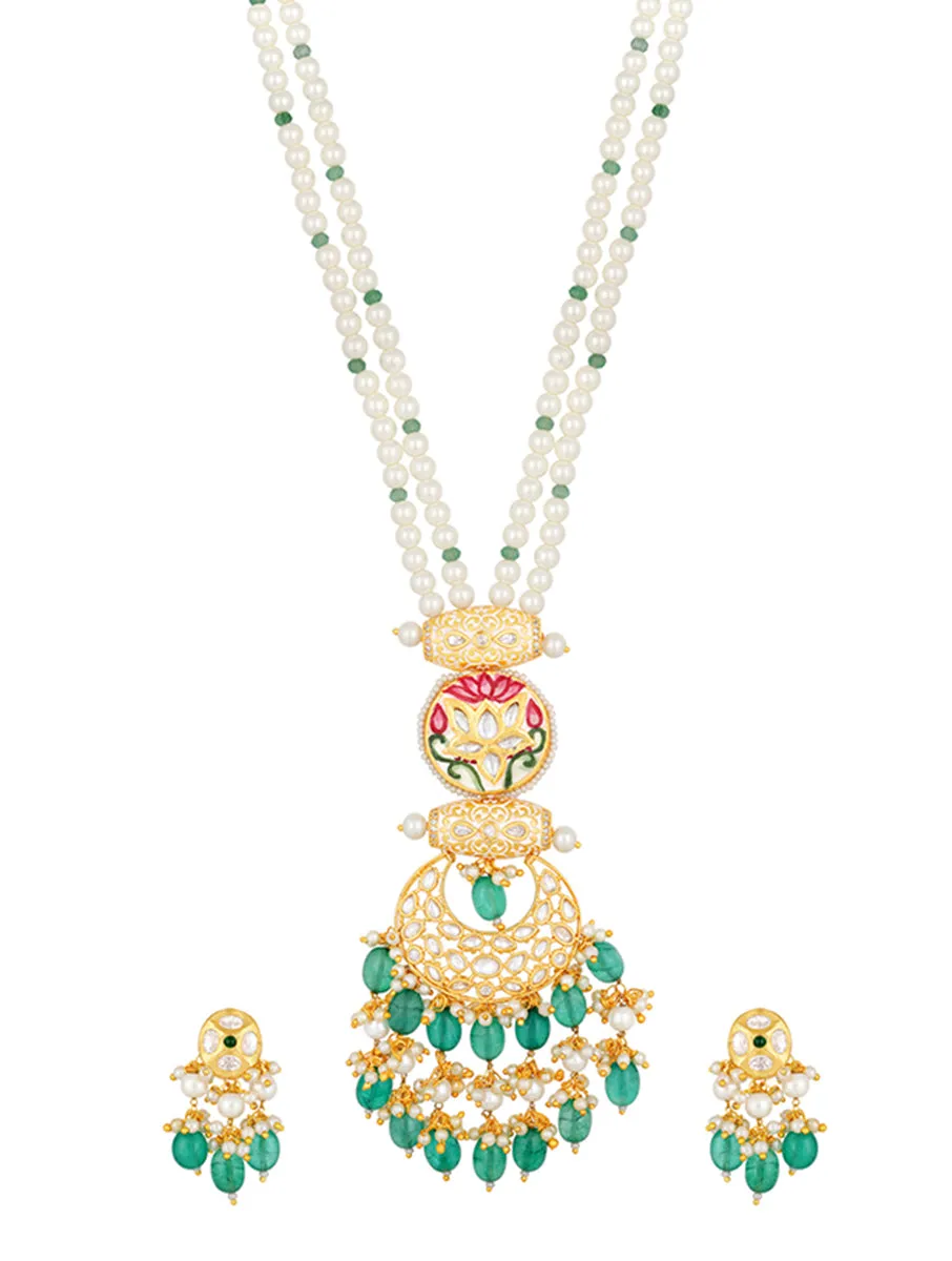 Golden, Mint Green Agates, Kundan Polki Necklace Set