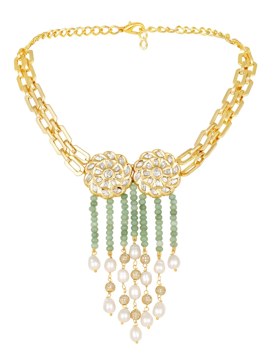 Golden, Mint, Light Green Agates, CZ Diamond balls, Kundan Polki Necklace