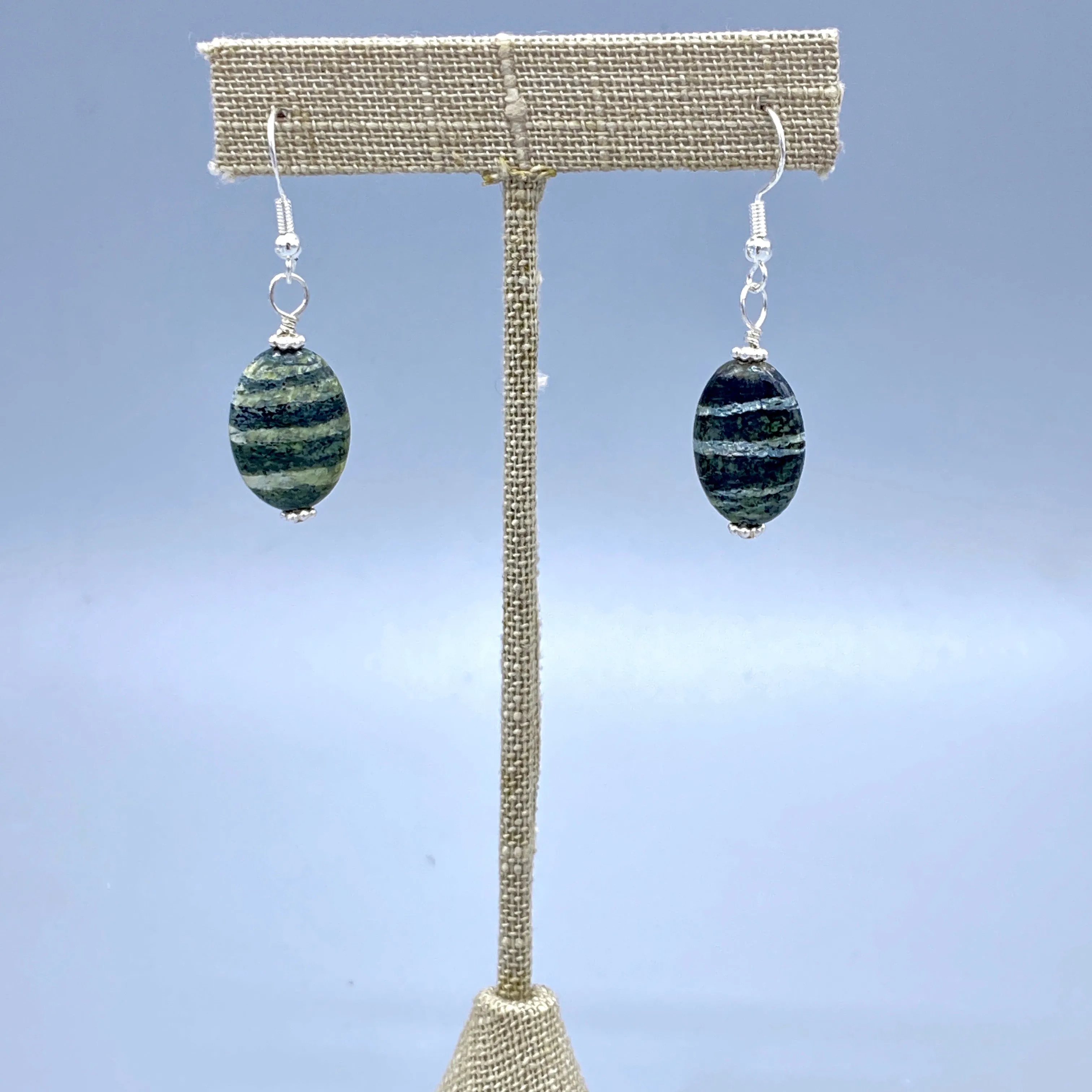 Green Zebra Jasper Gemstone and Sterling Silver Drop Earrings