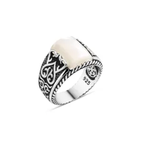 Half Cylinder Cut White Mother of Pearl Stone Silver Men's Ring Siding Heart Pattern