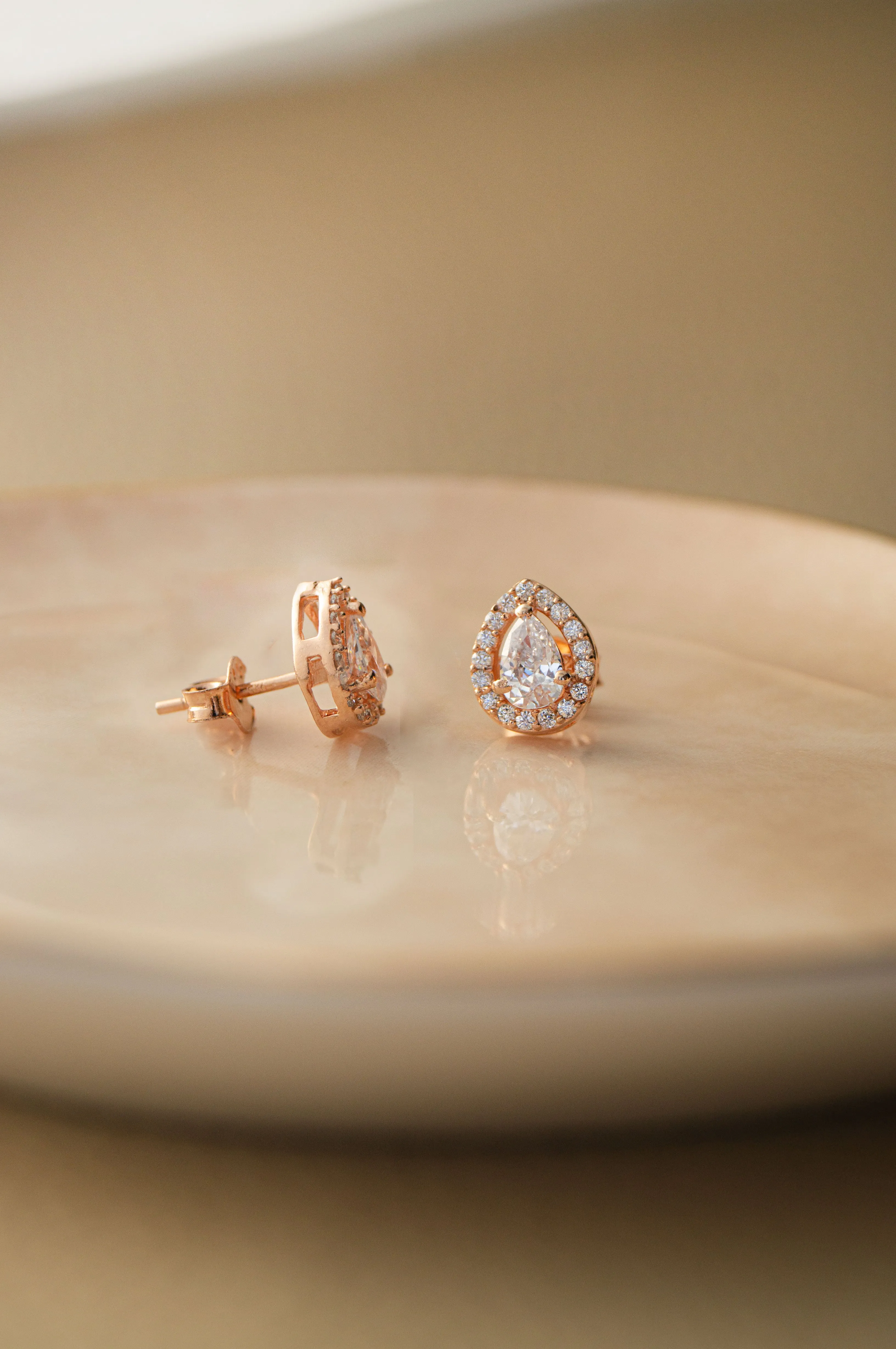 Halo Pear Rose Gold Plated  Solitaire Sterling Silver Earrings