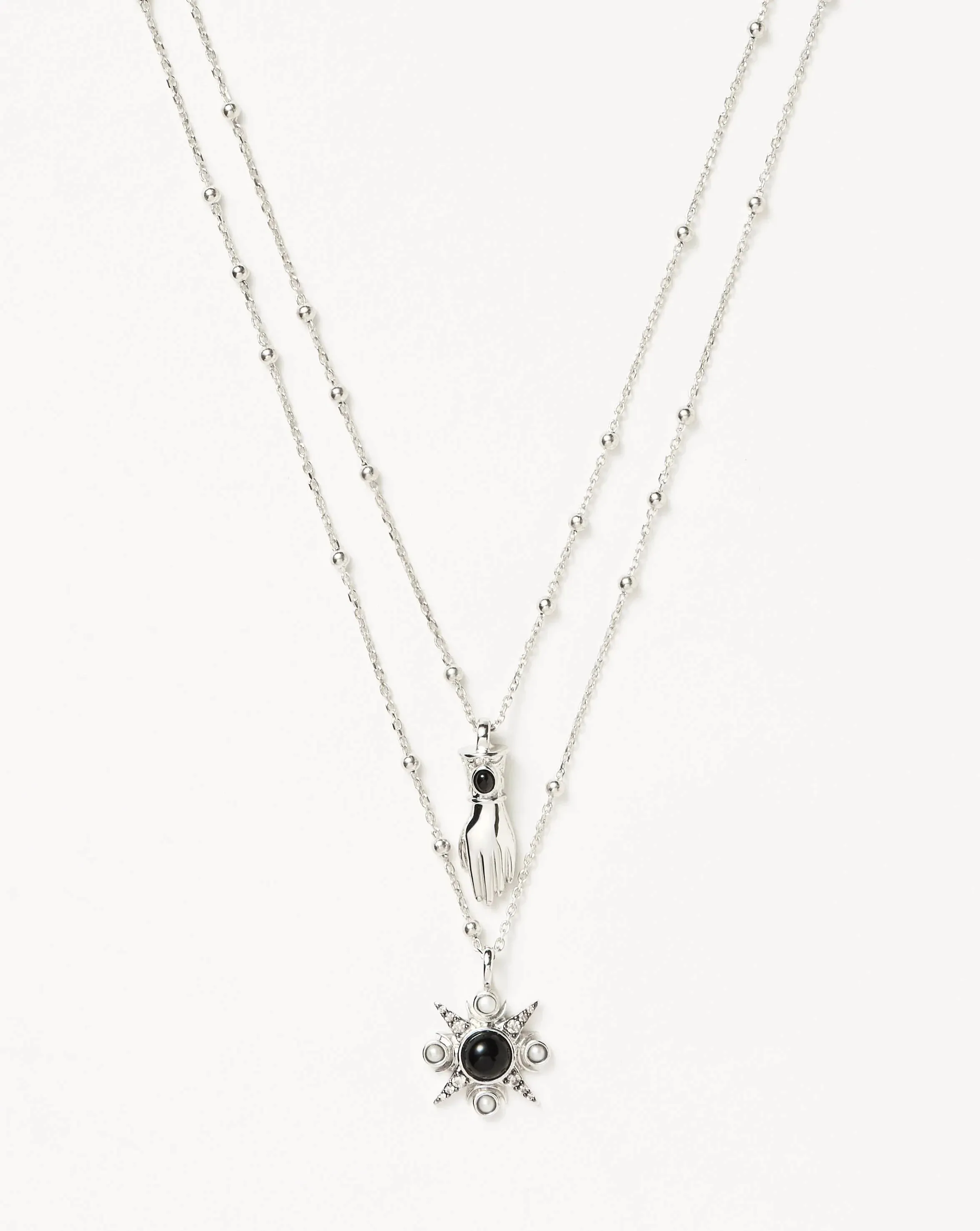 Harris Reed Handpicked Double Chain Pendant Necklace | Silver Plated/Pearl & Onyx