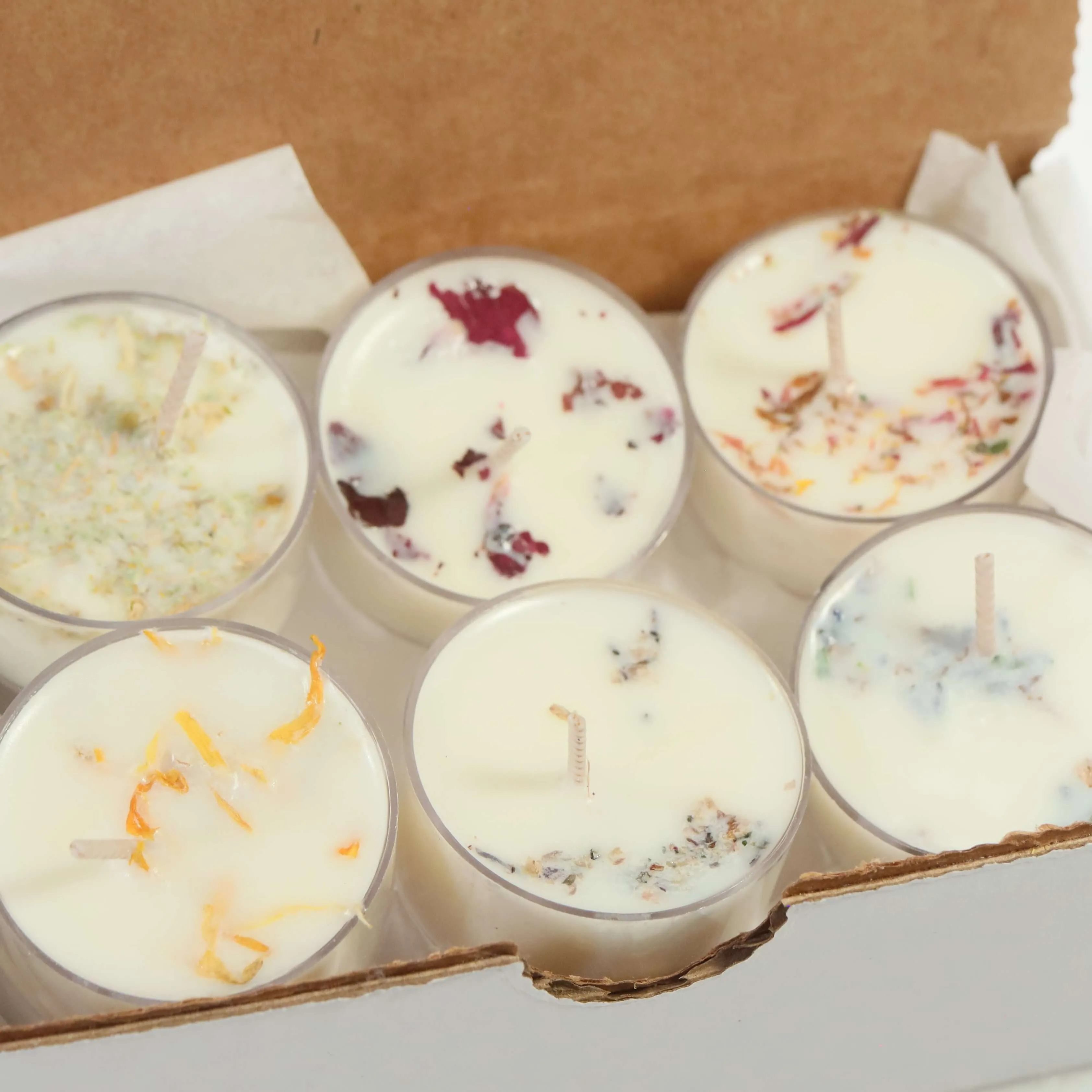 Herb Infused Soy Tea Lights Gift Set of 6 White Unscented, No Dye