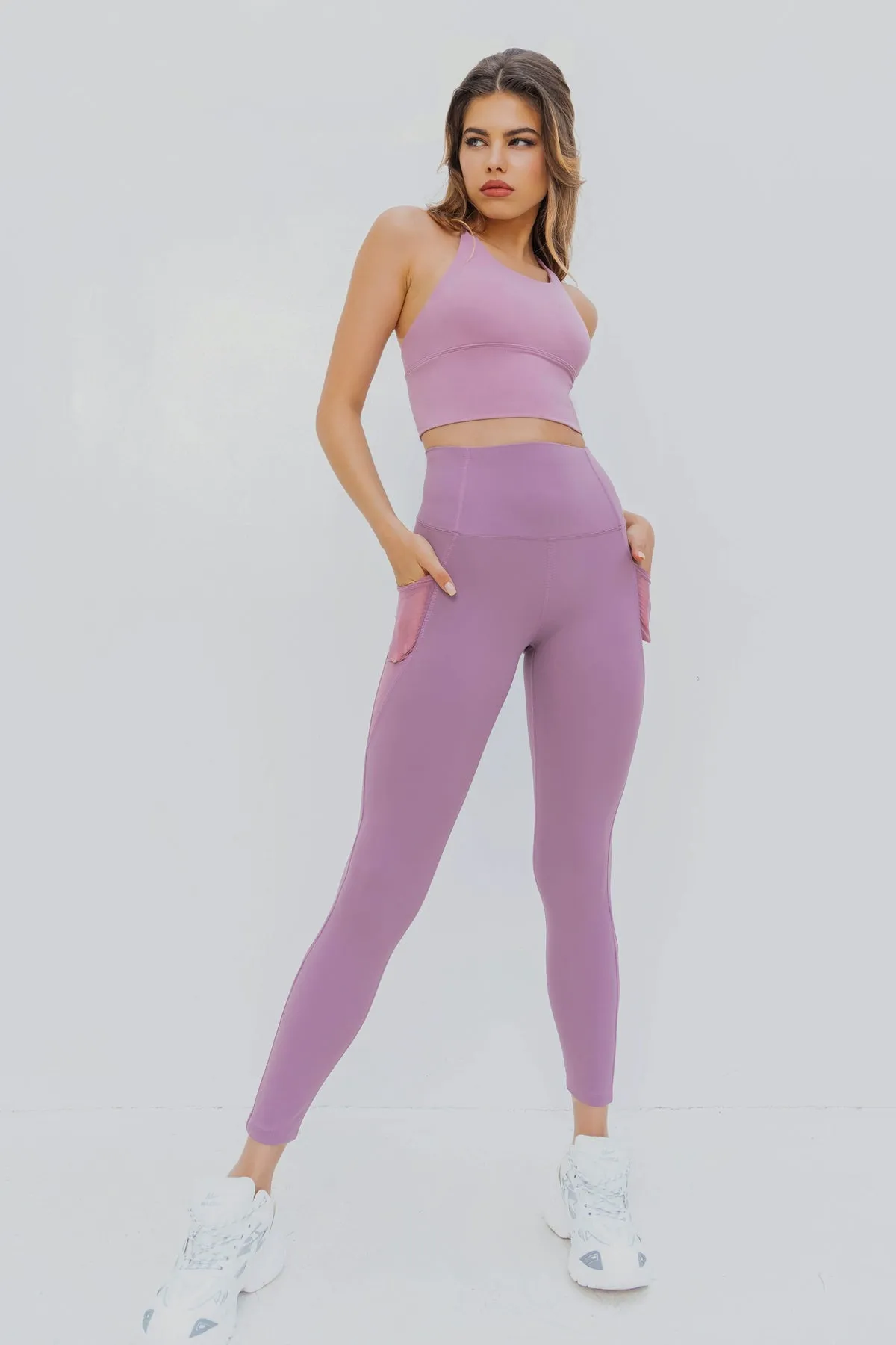 High Waist Mesh Panel Pocket and Ankle Detail Full Length Legging