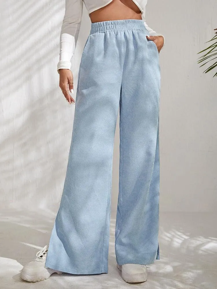 High Waist Solid Corduroy Splice Slit Bottom Pants