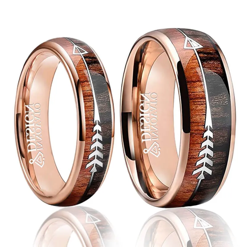 His & Her 6mm/8mm Tungsten Carbide Wedding Bands Arrow And Double Wood Inlay Set