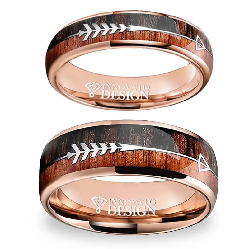 His & Her 6mm/8mm Tungsten Carbide Wedding Bands Arrow And Double Wood Inlay Set