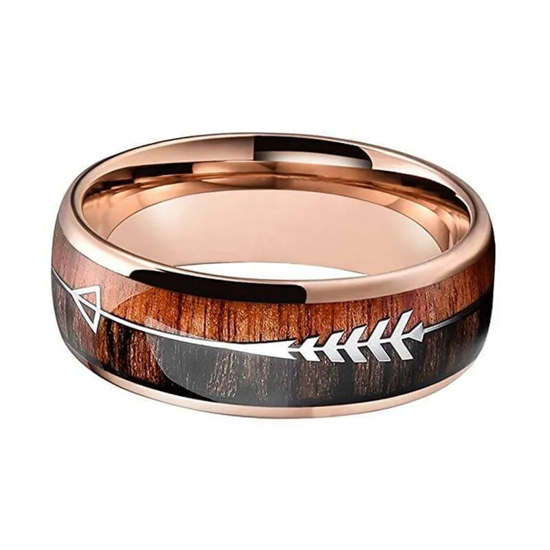 His & Her 6mm/8mm Tungsten Carbide Wedding Bands Arrow And Double Wood Inlay Set